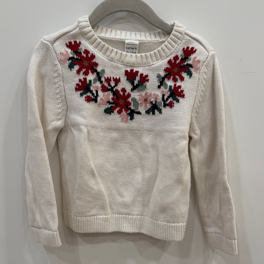 Carter's Ivory Knit Sweater with Red and Pink Floral Accents